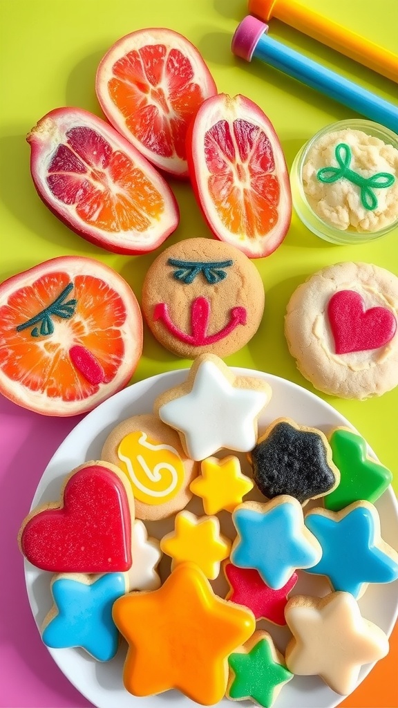 A variety of snacks decorated with colorful edible tattoos, including fruit and cookies on a bright platter.